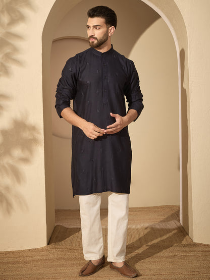 Men’s Navy Blue Hand-Embroidered Cotton Linen Kurta with White Pajama Set