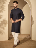 Men’s Navy Blue Hand-Embroidered Cotton Linen Kurta with White Pajama Set