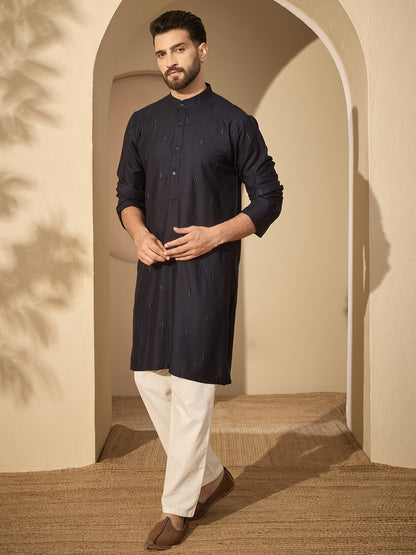 Men’s Navy Blue Hand-Embroidered Cotton Linen Kurta with White Pajama Set