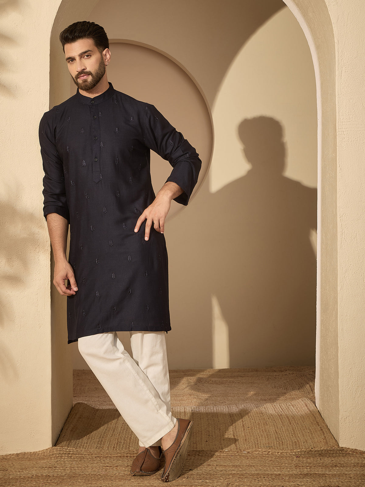 Men’s Navy Blue Hand-Embroidered Cotton Linen Kurta with White Pajama Set
