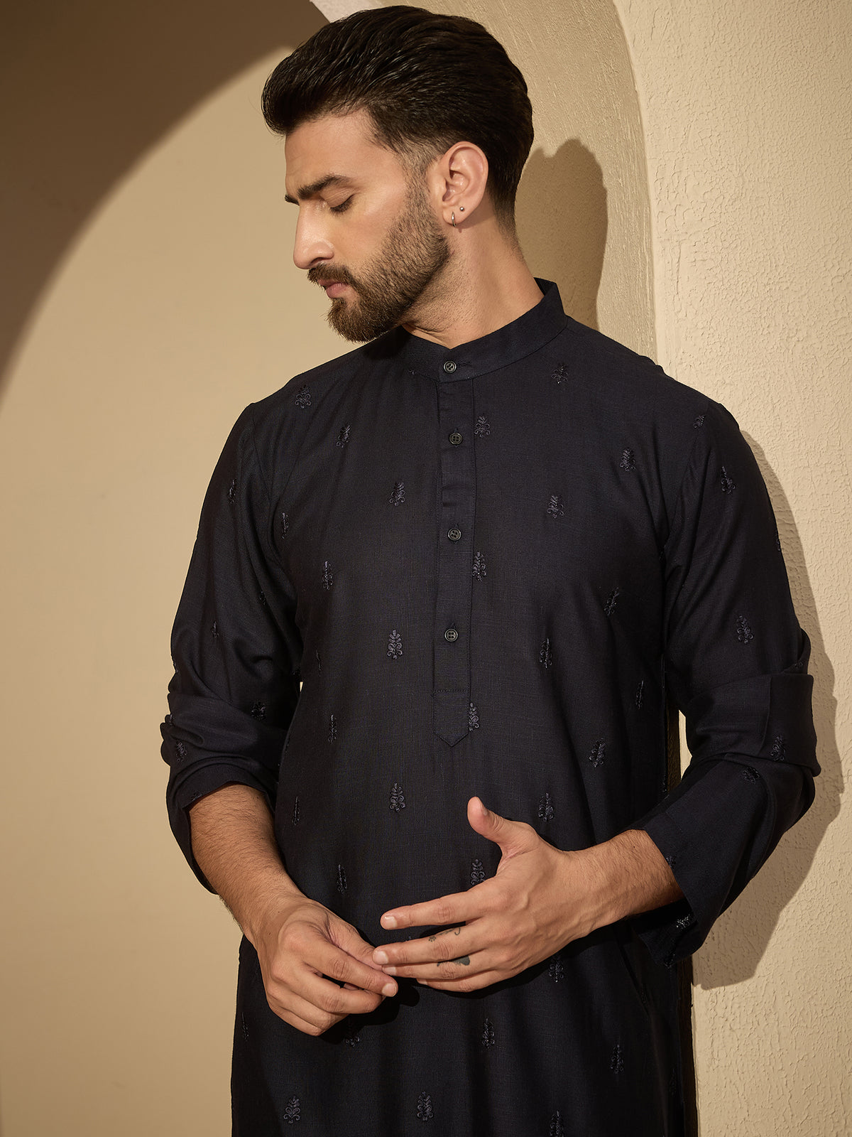 Men’s Navy Blue Hand-Embroidered Cotton Linen Kurta with White Pajama Set