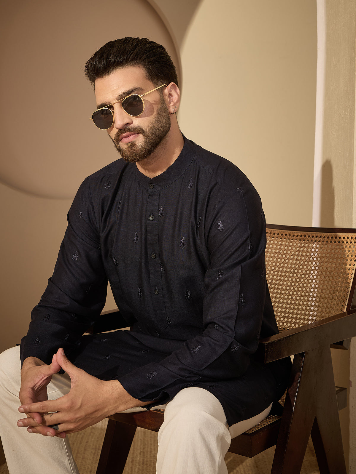 Men’s Navy Blue Hand-Embroidered Cotton Linen Kurta with White Pajama Set