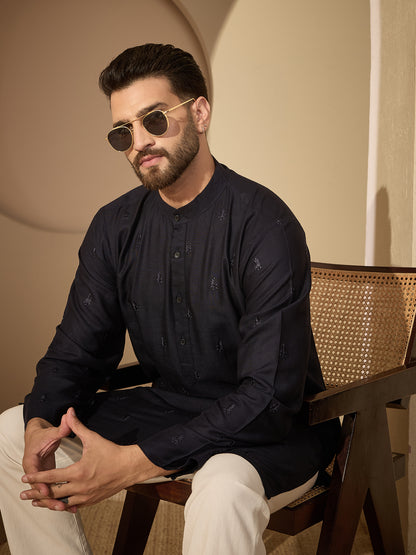 Men’s Navy Blue Hand-Embroidered Cotton Linen Kurta with White Pajama Set