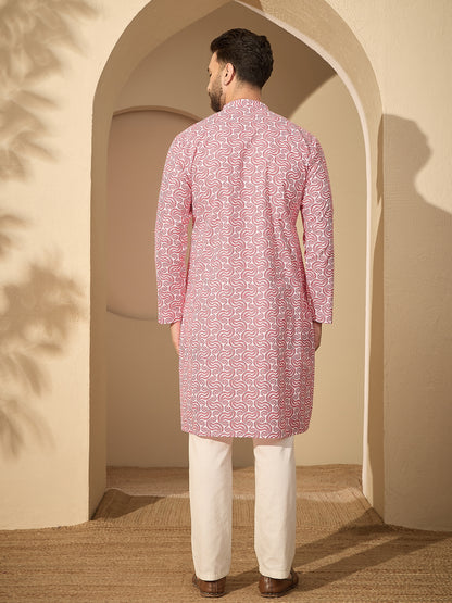 Men’s Printed Kurta with White Pajama – Pure Cotton Festive Wear Set