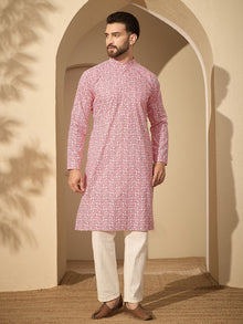 Men’s Printed Kurta with White Pajama – Pure Cotton Festive Wear Set