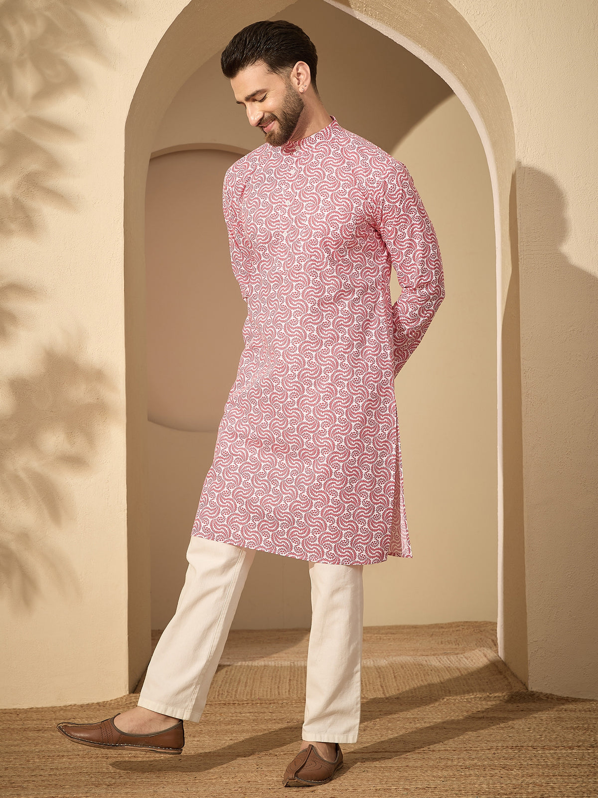 Men’s Printed Kurta with White Pajama – Pure Cotton Festive Wear Set