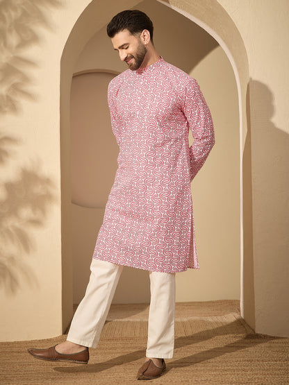 Men’s Printed Kurta with White Pajama – Pure Cotton Festive Wear Set