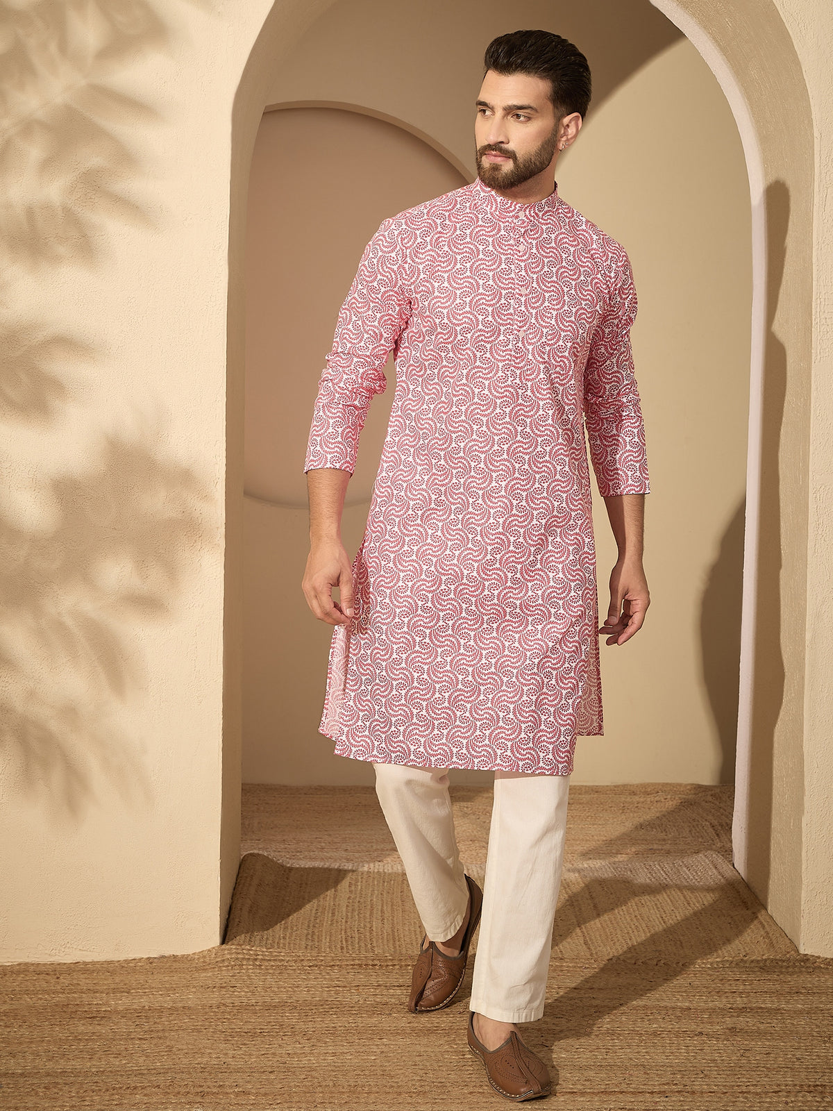 Men’s Printed Kurta with White Pajama – Pure Cotton Festive Wear Set
