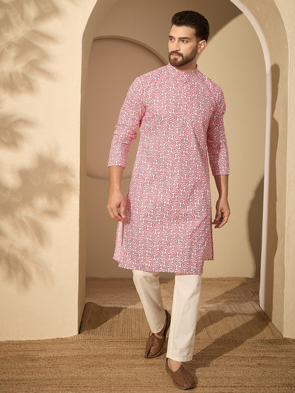 Men’s Printed Kurta with White Pajama – Pure Cotton Festive Wear Set