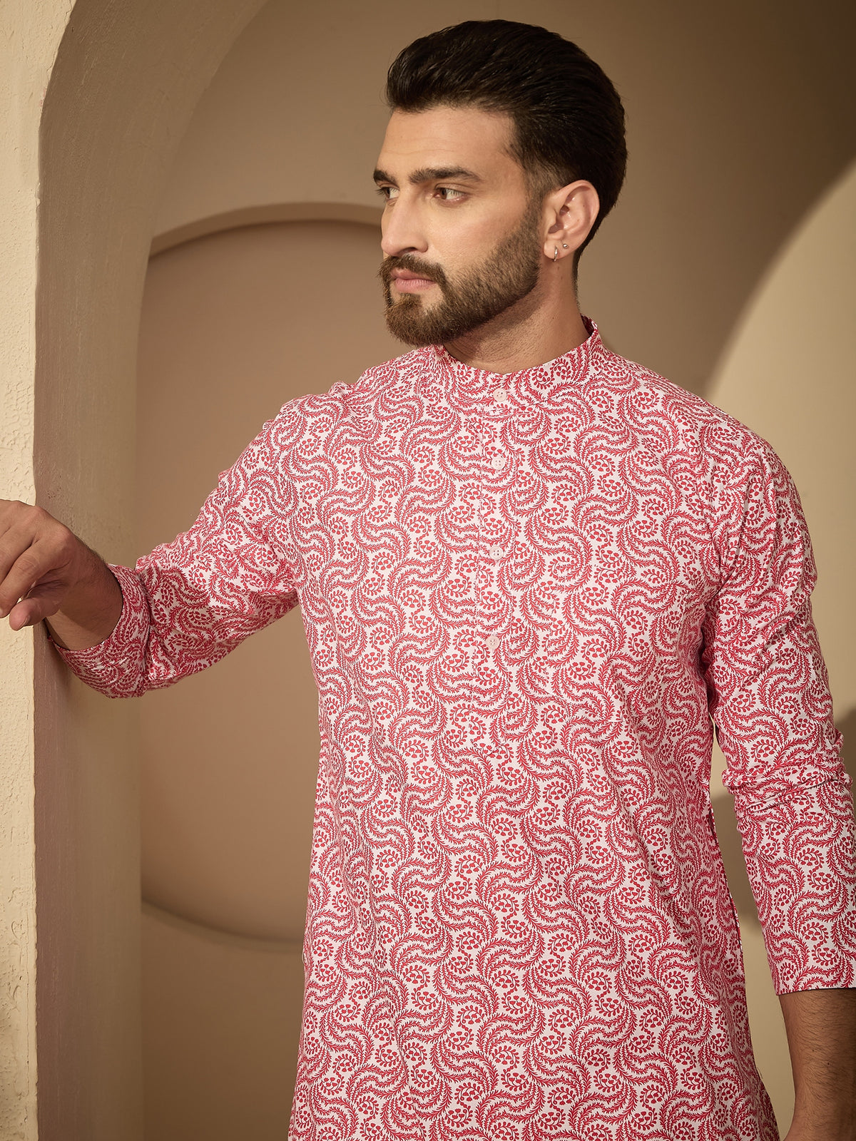 Men’s Printed Kurta with White Pajama – Pure Cotton Festive Wear Set
