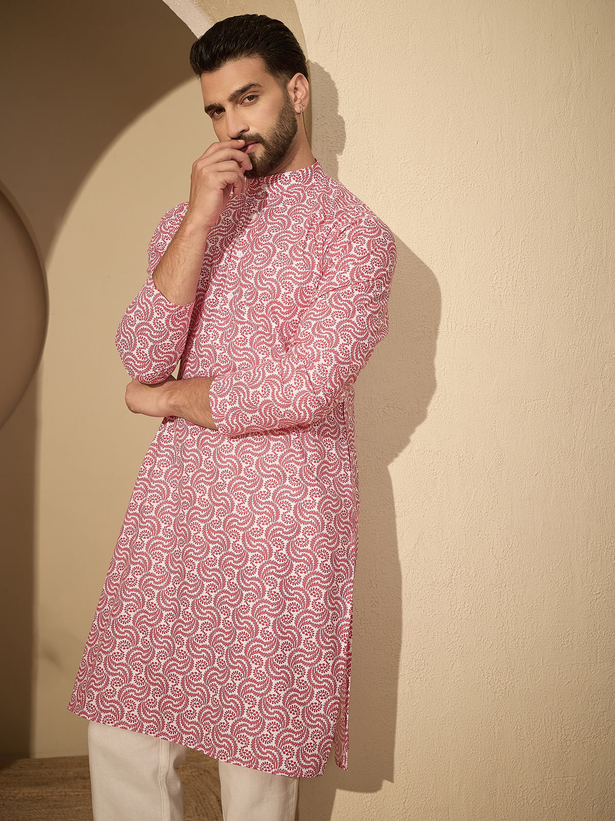 Men’s Printed Kurta with White Pajama – Pure Cotton Festive Wear Set
