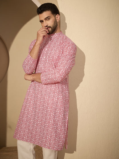 Men’s Printed Kurta with White Pajama – Pure Cotton Festive Wear Set