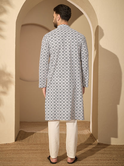 Men’s Pure Cotton Printed Kurta with White Pajama – Festive Wear Set