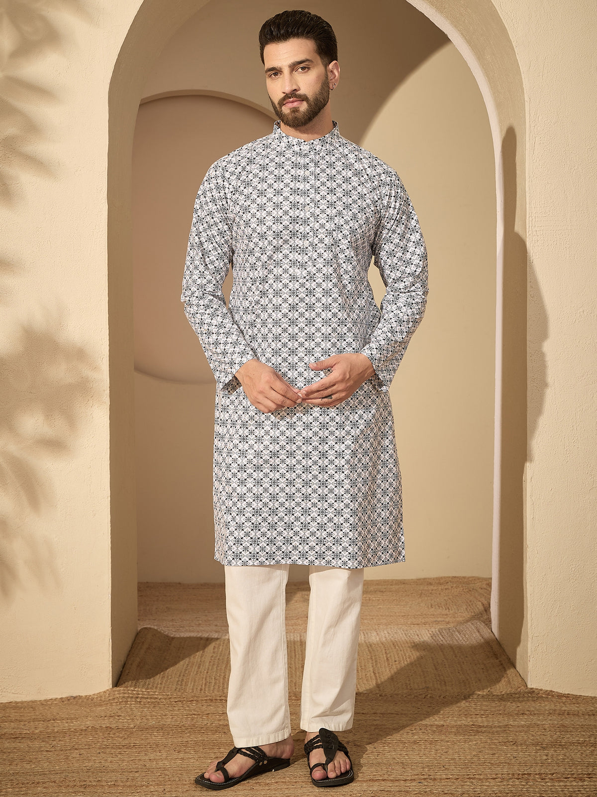Men’s Pure Cotton Printed Kurta with White Pajama – Festive Wear Set