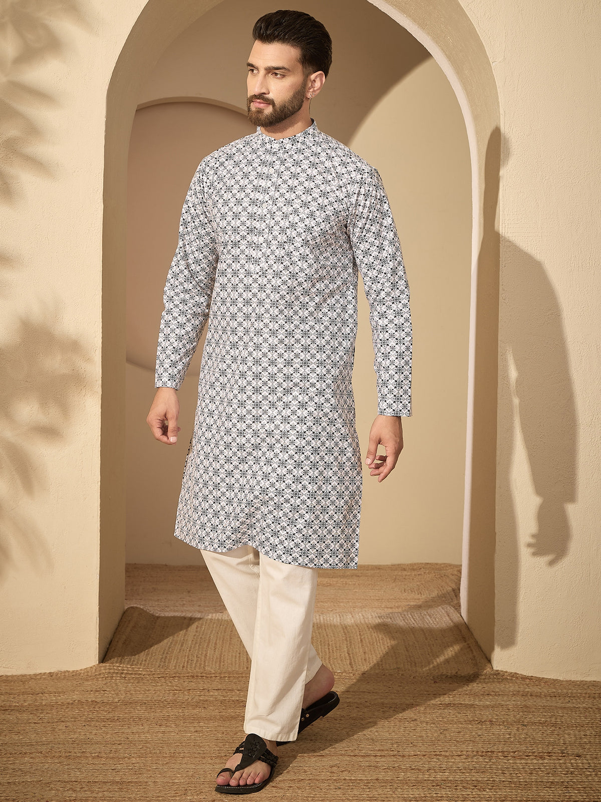 Men’s Pure Cotton Printed Kurta with White Pajama – Festive Wear Set