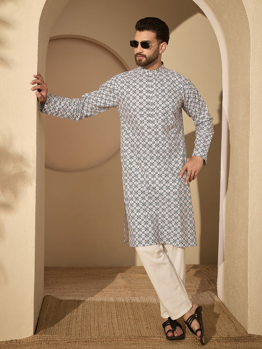 Men’s Pure Cotton Printed Kurta with White Pajama – Festive Wear Set