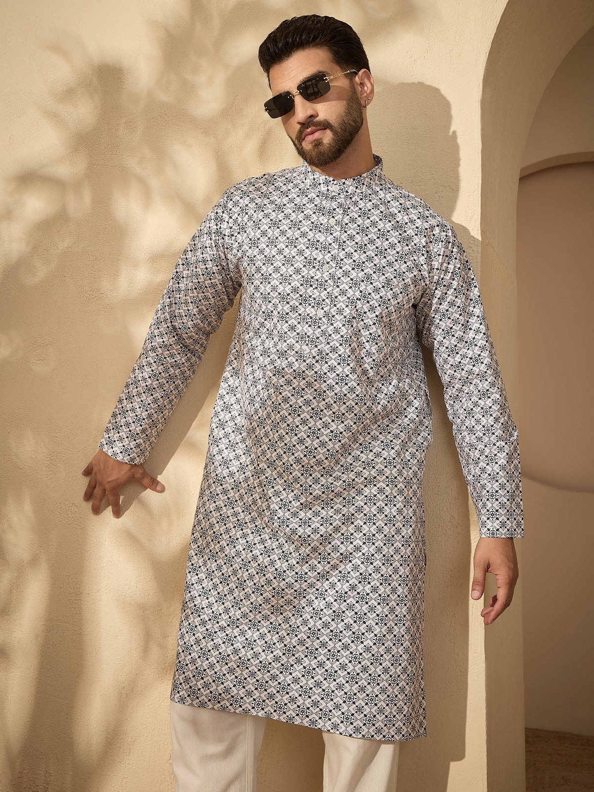 Men’s Pure Cotton Printed Kurta with White Pajama – Festive Wear Set