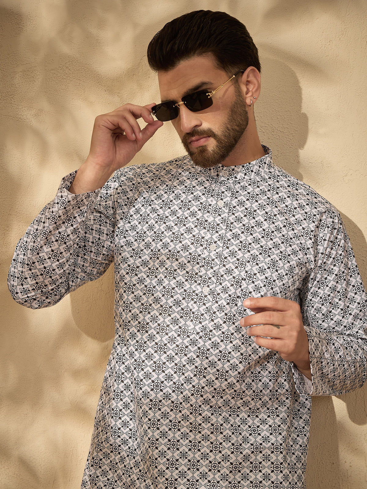 Men’s Pure Cotton Printed Kurta with White Pajama – Festive Wear Set