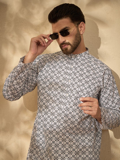 Men’s Pure Cotton Printed Kurta with White Pajama – Festive Wear Set