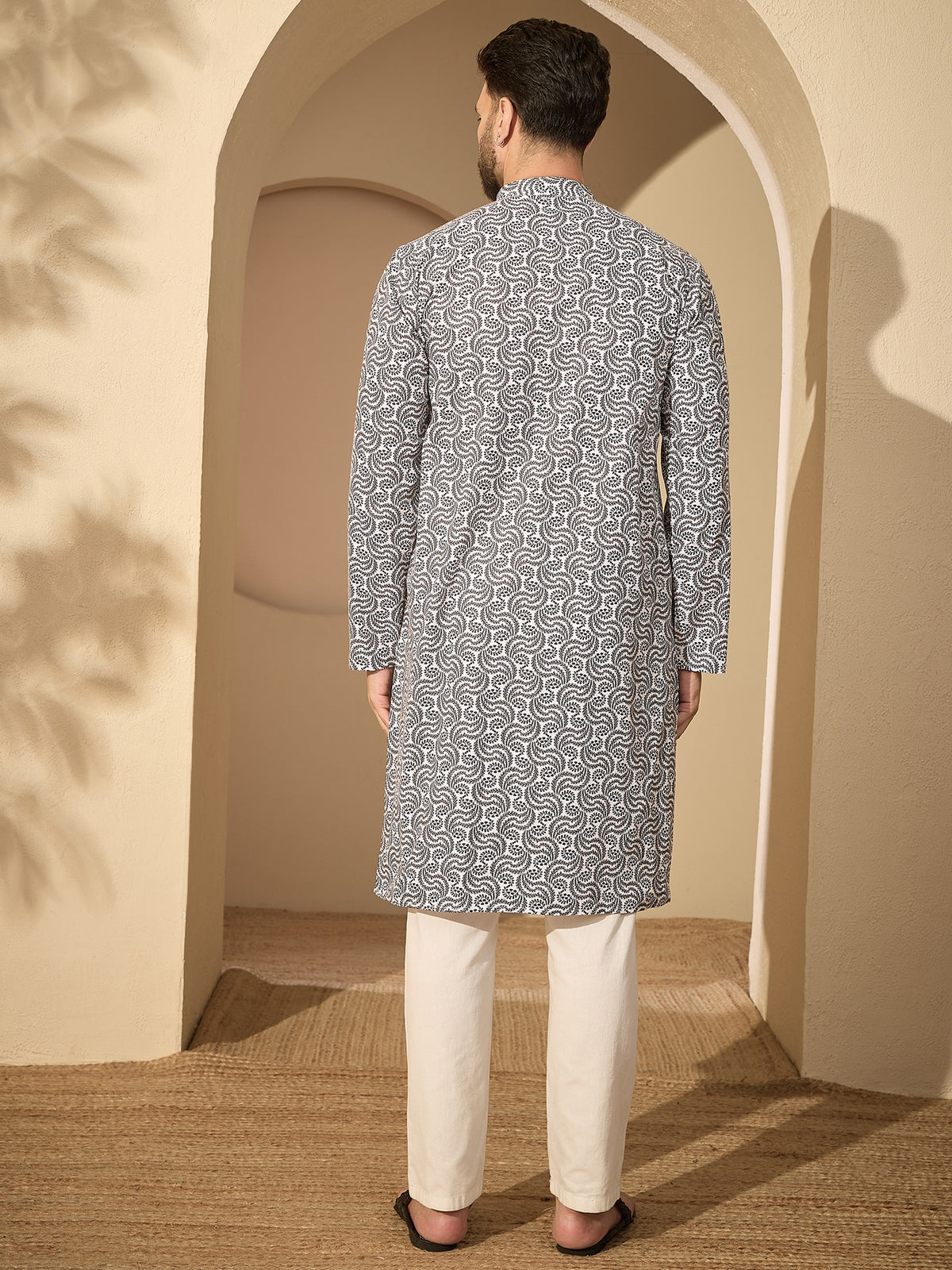 Pure Cotton Printed Kurta with White Pajama for Men– Festive Wear Set