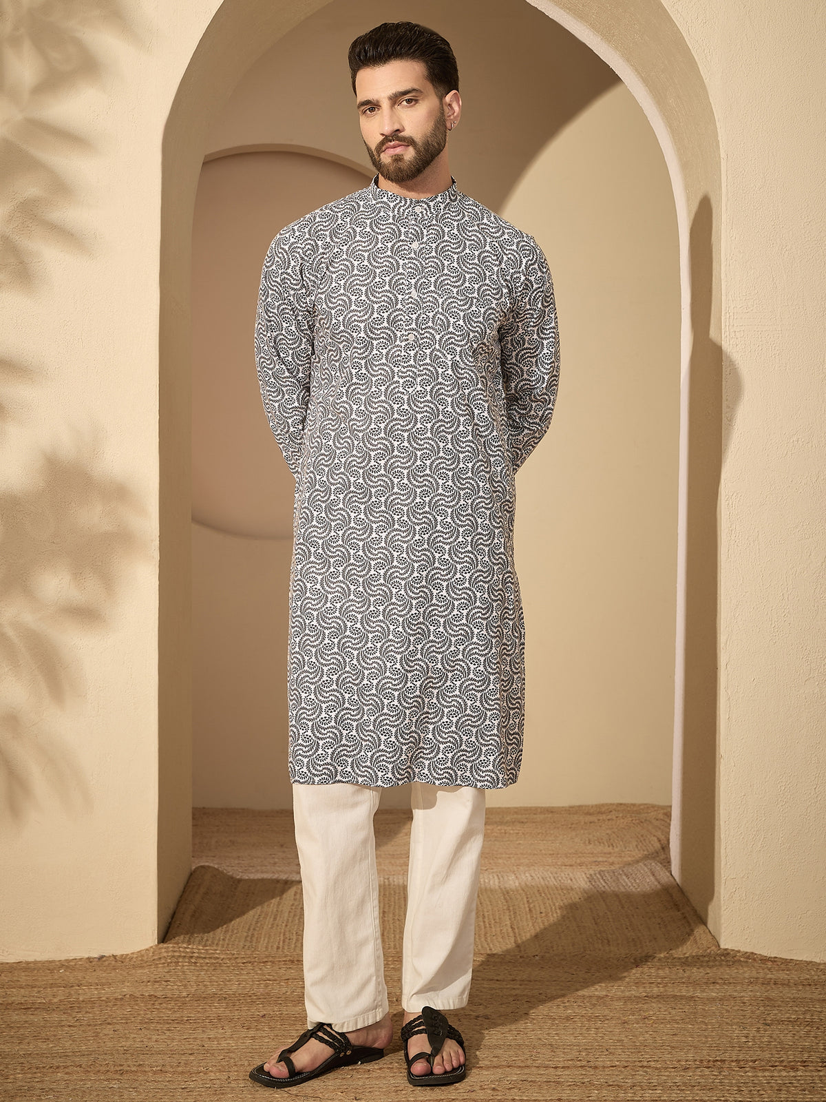 Pure Cotton Printed Kurta with White Pajama for Men– Festive Wear Set