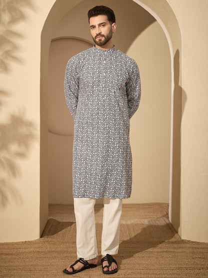 Pure Cotton Printed Kurta with White Pajama for Men– Festive Wear Set