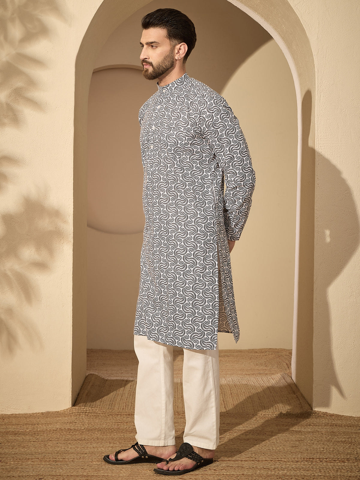 Pure Cotton Printed Kurta with White Pajama for Men– Festive Wear Set