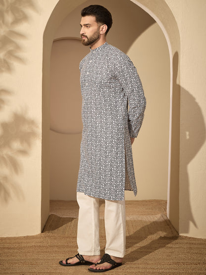 Pure Cotton Printed Kurta with White Pajama for Men– Festive Wear Set