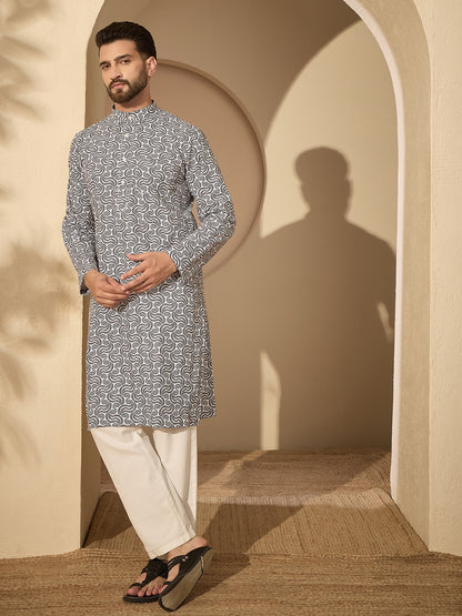 Pure Cotton Printed Kurta with White Pajama for Men– Festive Wear Set