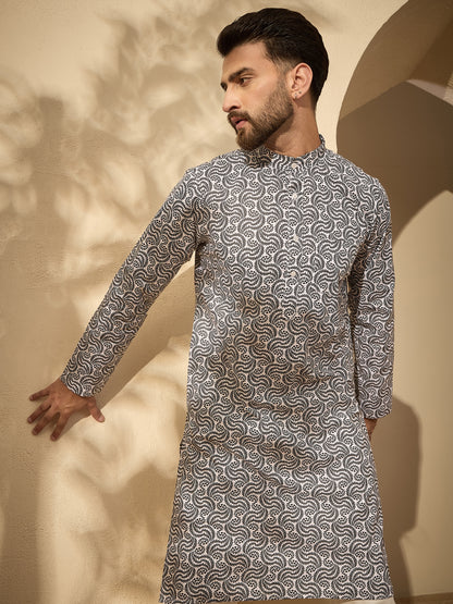 Pure Cotton Printed Kurta with White Pajama for Men– Festive Wear Set