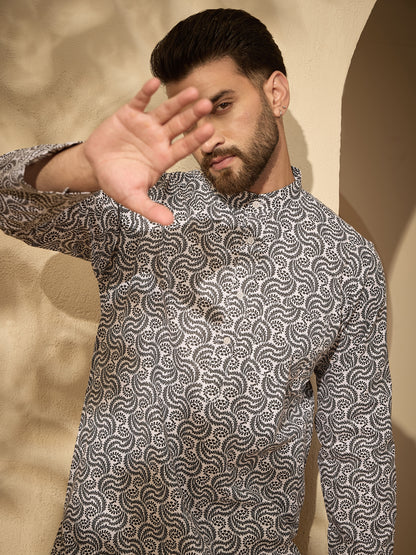 Pure Cotton Printed Kurta with White Pajama for Men– Festive Wear Set