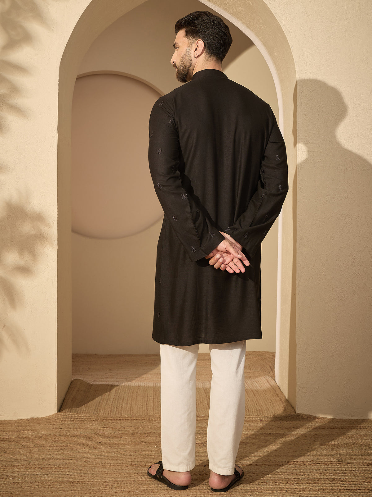 Men’s Black Hand-Embroidered Cotton Linen Kurta with White Pajama Set