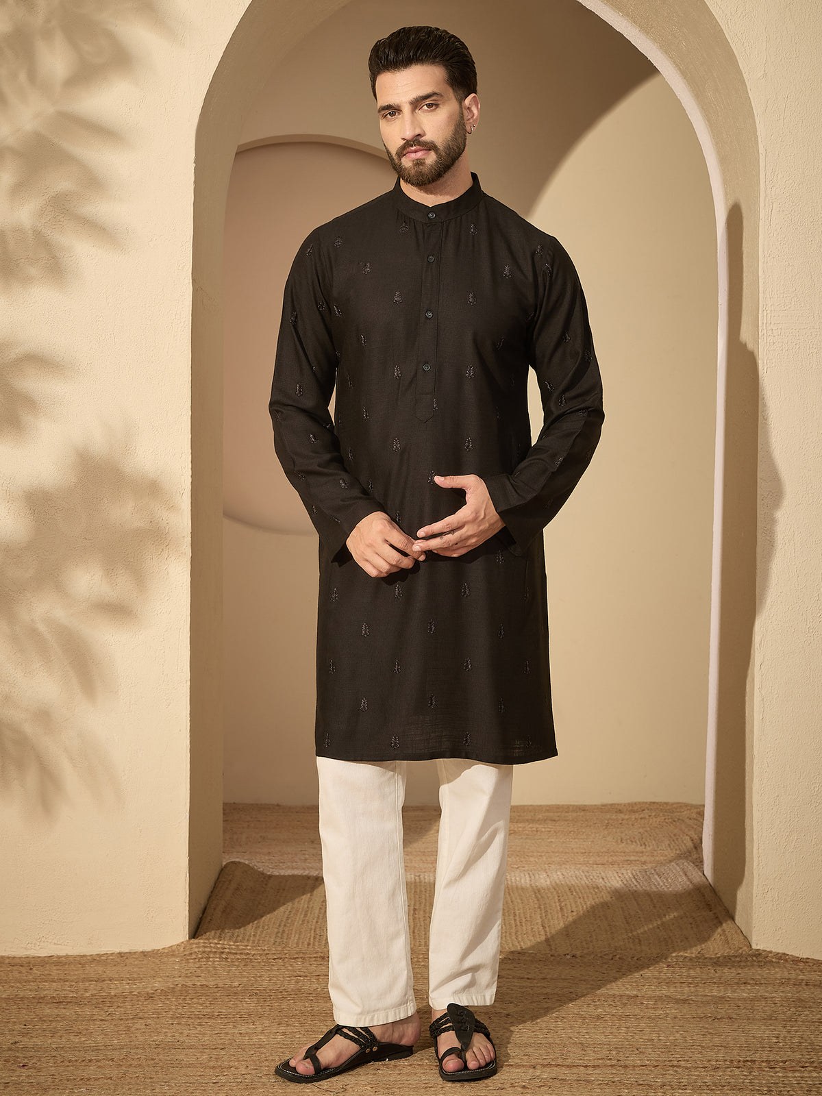 Men’s Black Hand-Embroidered Cotton Linen Kurta with White Pajama Set