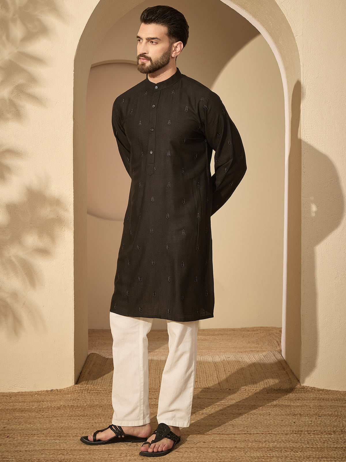 Men’s Black Hand-Embroidered Cotton Linen Kurta with White Pajama Set