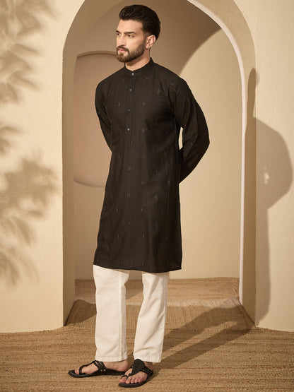 Men’s Black Hand-Embroidered Cotton Linen Kurta with White Pajama Set