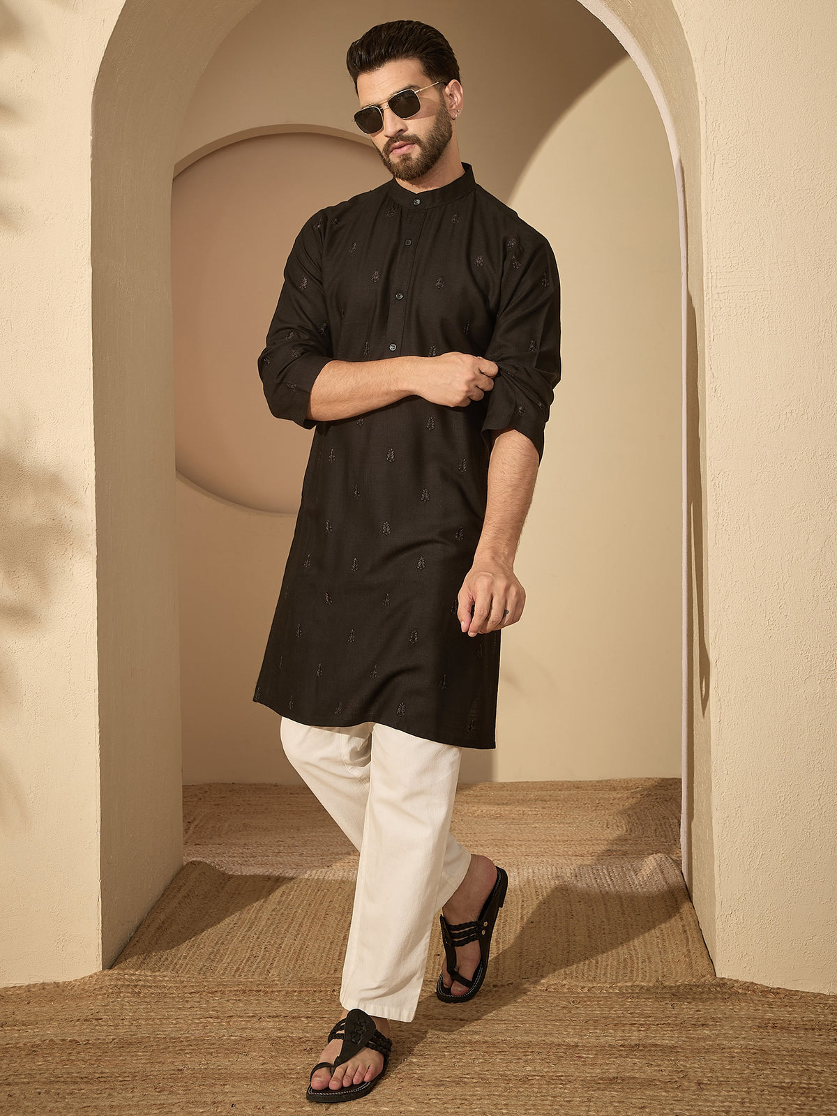 Men’s Black Hand-Embroidered Cotton Linen Kurta with White Pajama Set