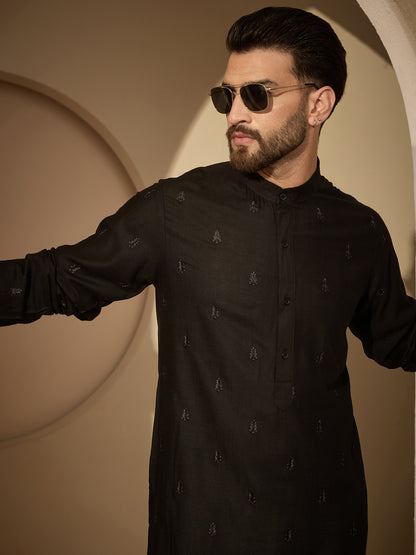 Men’s Black Hand-Embroidered Cotton Linen Kurta with White Pajama Set