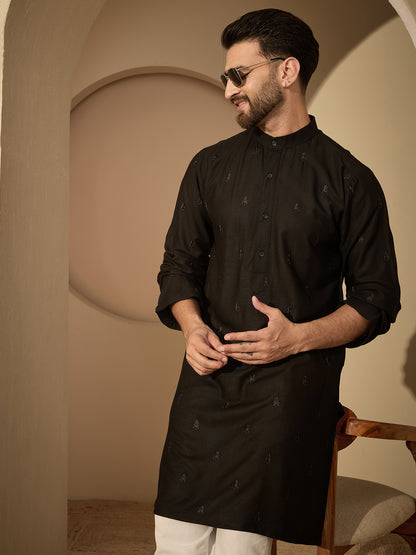 Men’s Black Hand-Embroidered Cotton Linen Kurta with White Pajama Set