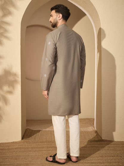 Men’s Embroidered Cotton Grey Kurta with White Pajama Set