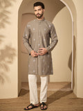 Men’s Embroidered Cotton Grey Kurta with White Pajama Set