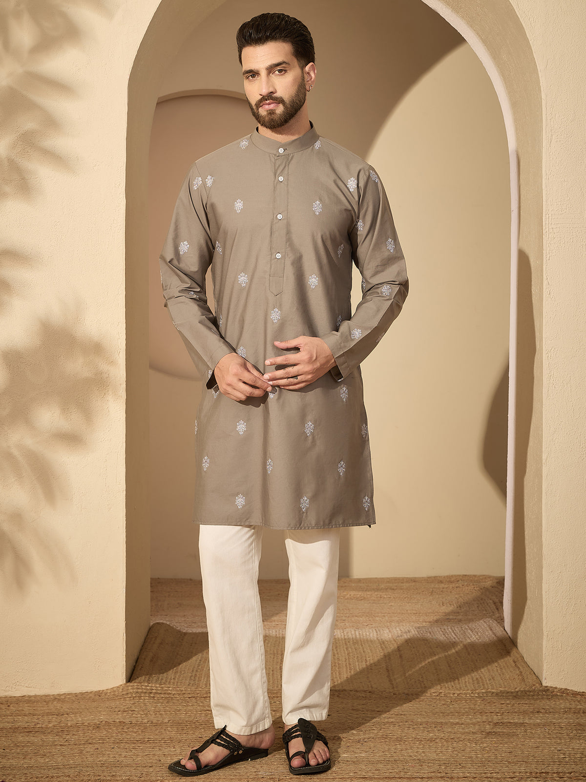 Men’s Embroidered Cotton Grey Kurta with White Pajama Set
