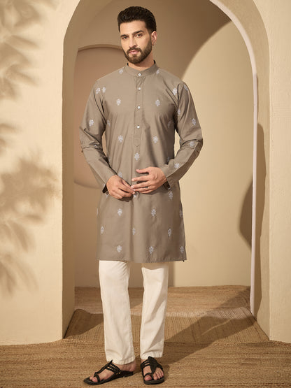 Men’s Embroidered Cotton Grey Kurta with White Pajama Set