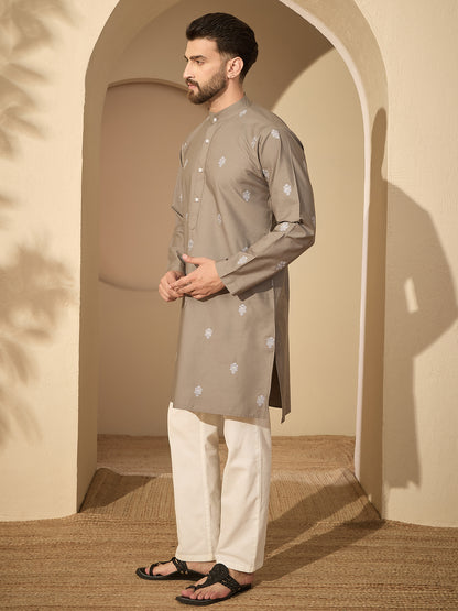 Men’s Embroidered Cotton Grey Kurta with White Pajama Set