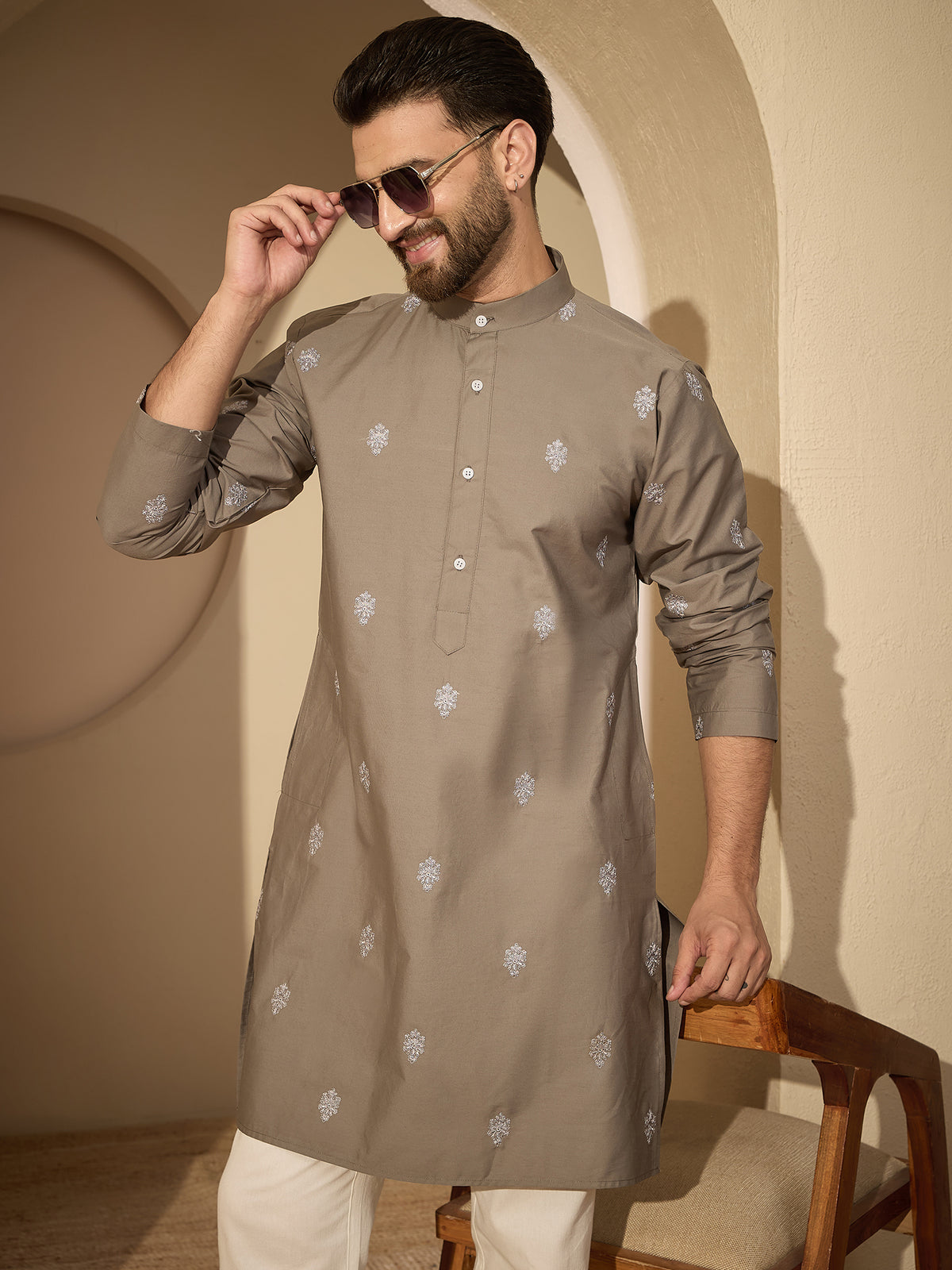 Men’s Embroidered Cotton Grey Kurta with White Pajama Set
