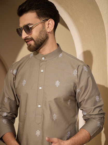 Men’s Embroidered Cotton Grey Kurta with White Pajama Set