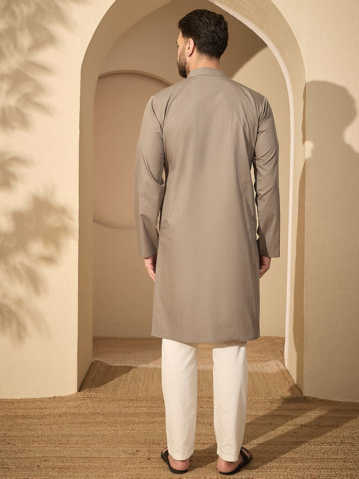 Men’s Embroidered Grey Cotton Kurta Pajama Set