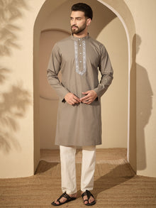 Men’s Embroidered Grey Cotton Kurta Pajama Set