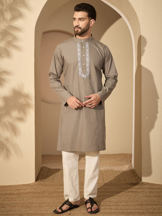 Men’s Embroidered Grey Cotton Kurta Pajama Set
