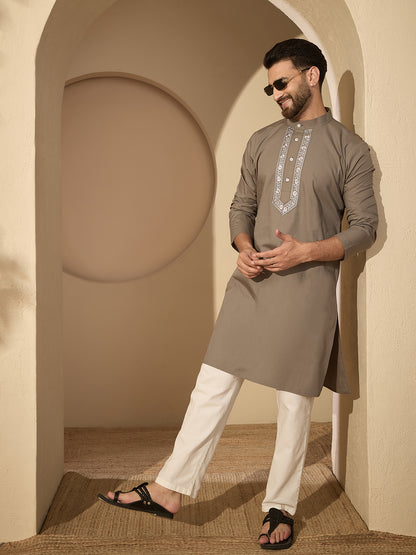 Men’s Embroidered Grey Cotton Kurta Pajama Set