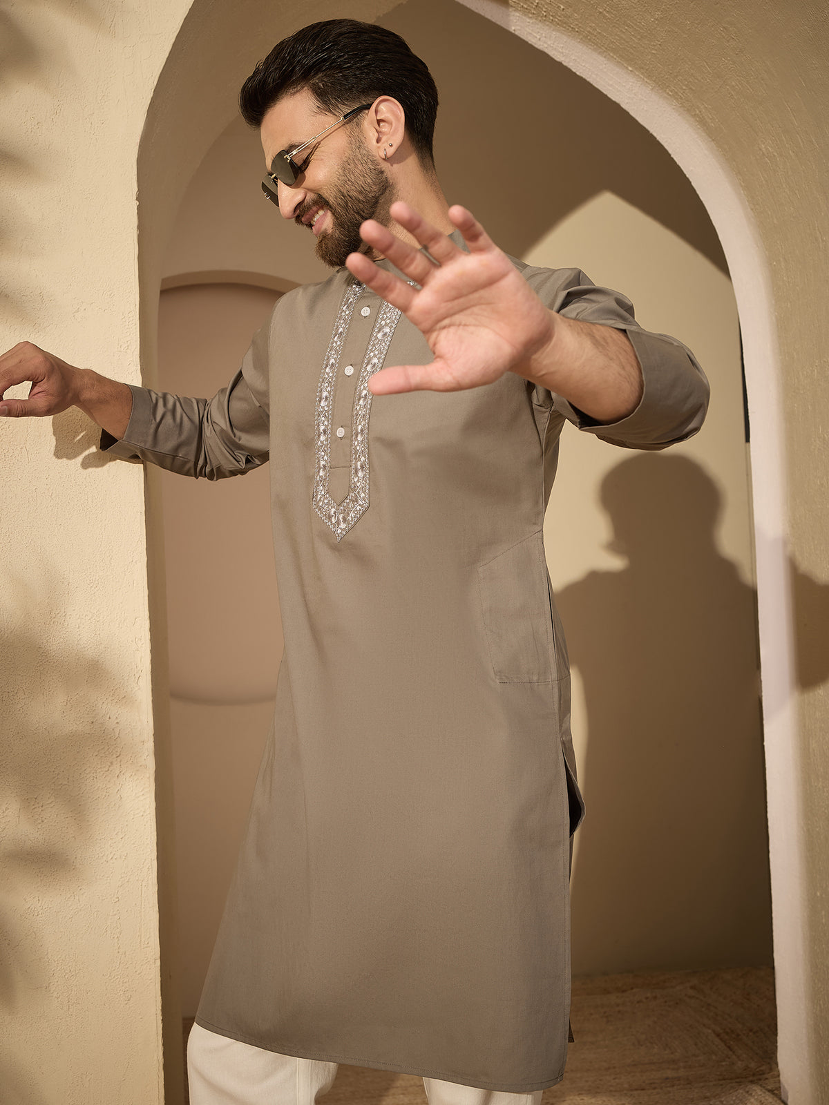 Men’s Embroidered Grey Cotton Kurta Pajama Set